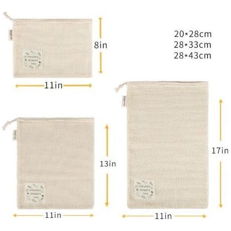 Sac a Fruits et Legumes Réutilisable - Sacs Reutilisables - Sac Filet - Sachet Legume Reutilisable Lin - Sac en Coton Courses - Sac à Vrac Coton Bio Set de 6 ( Large,  Medium，Petit), (1/4)