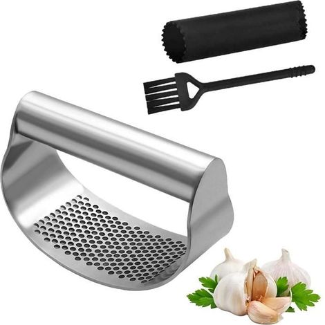 Presse-ail en Acier Inoxydable, Presse-ail pour la Cuisine avec Gaine d'ail Pelée et Pinceau de Nettoyage Acier Inoxydable 304 (1/4)