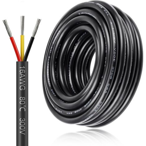 Câble électrique 3 fils 16 AWG 3 x 1,5 mm² - 20 m - Câble de terre 5 V/12 V/24 V - Câble de terre en cuivre étamé - 300 V - Flexible et souple - Résistance aux températures élevées - Rallonge 20 m (1/5)