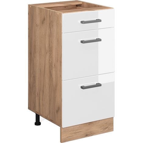 Mueble bajo de cocina R-Line, Blanco alto brillo, 40 cm con cajones, sin encimera, Vicco