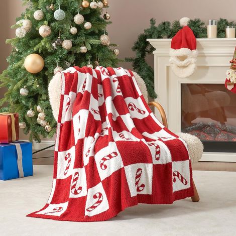 Plaid de Noël rouge à motif canne à sucre (127 x 152 cm) - Couverture polaire ultra douce et confortable, jeté décoratif festif pour canapé, sofa et lit, indispensable pour les fêtes de fin d'année (1/5)