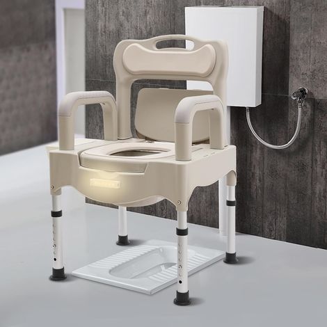 Bedside Commode Chair, 250kg Portable Toilet for Elderly Disabled Commode Chair for Toilet with Arms, Height Adjustable, Adult Potty Chair w/2 Replacement Toilets &1 Night Light (Grey White) (1/5)