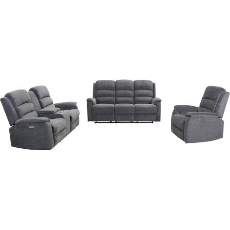 Canapés 3 places 2 places et un fauteuil relax électrique en tissu gris NEVERS (1/5)