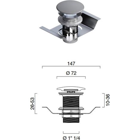 Piletta in ceramica cemento satinato per lavabi senza troppopieno con piastra di fissaggio in acciaio inox per installazione su piano ceramico 9050700023