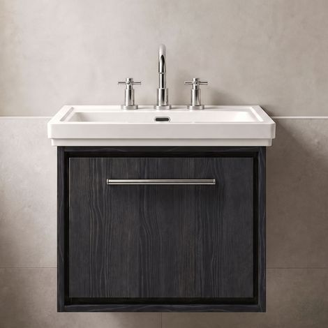 Hudson Reed Lille Wall Hung 1-Drawer Vanity Unit with 3TH Classique Basin 600mm Wide - Graphite Grey Woodgrain (1/5)