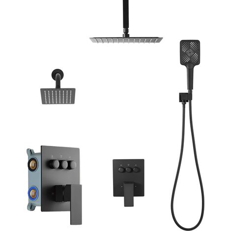 Mophorn Sistema de ducha moderno con cabezal de lluvia de 30 cm, brazo de pared de 15 cm, cabezal doble giratorio con 3 funciones, válvula de latón y kit decorativo, acabado en negro mate