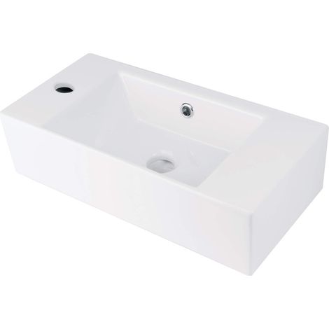 Lavabo en céramique à poser ou à accrocher au mur avec base pour robinet à gauche blanc 51x25 cm - Giasyn