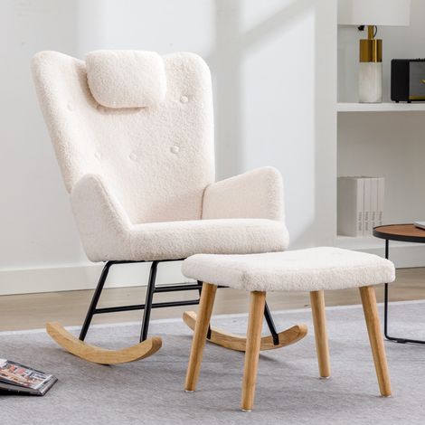 Fauteuil à bascule blanc 65x82x94 cm avec repose-pieds, tissu bouclette et structure en bois MEUBLIV (1/5)
