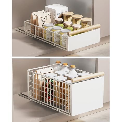 Set mit 2 faltbaren Schiebeschubladen ohne Bohren oder Kleben, Schiebekorb für Küchenschrank, Aufbewahrungsschieber, Teleskop, Weiß Groß + Klein