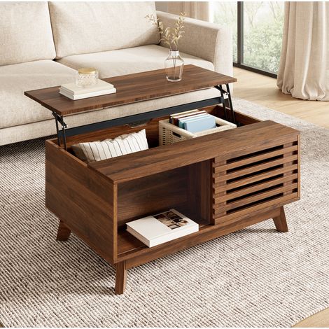 Mesa de centro elevable estilo retro moderno MDF acabado nogal (1/5)
