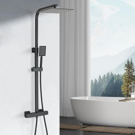 1 Colonne De Douche Thermostatique Noir, Pommeau Pluie 25x25cm, Douchette Réglable, Acier Inoxydable, Salle De Bain (1/5)
