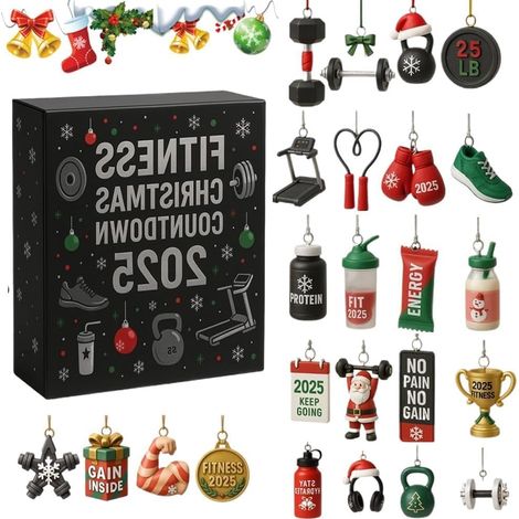 Calendrier de l'Avent 2025-24 jours sur le thème du fitness avec ornements à suspendre en acrylique 2D (équipement de Noël), décoration festive pour les amateurs de fitness, fêtes d'hiver et maison (1/5)