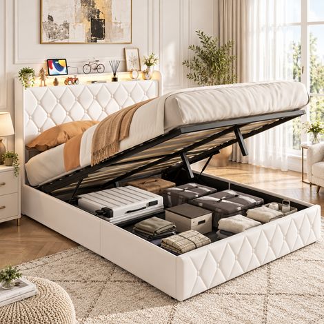 Lit coffre 160x200 avec hydraulique, lit 2 places avec LED et USB, lit 160 x 200 avec sommier, lit double avec tête de lit capitonnée, beige velours (1/5)