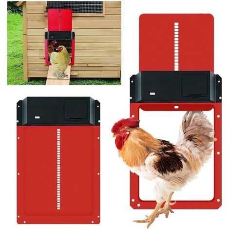 Kit de porte de poulailler automatique, porte de poulailler automatique à piles avec minuterie et capteur de lumière (rouge) (1/5)
