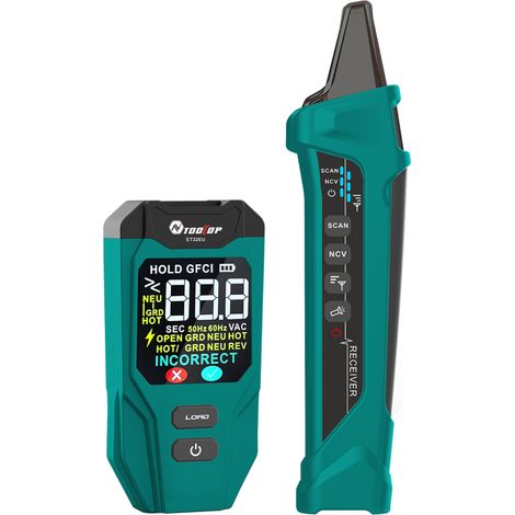 Détecteur de disjoncteurs et testeur de prises numérique – traqueur IA avec écran LCD couleur, affichage temps déclenchement GFCI, batterie rechargeable, sensibilité réglable, vert (UE)