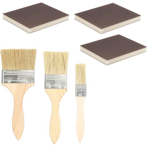 3 Pièces Pinceaux Plats avec 3 Éponges à Poncer Pinceau Peinture et Vernis Bois avec Manche Bois pour Lasure Colle Teinture et Bricolage Intérieur/Extérieur (1/5)