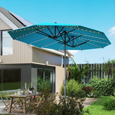 REDOM Parasol double, protection UV 50+, éclairage LED solaire et USB, aluminium bleu (1/5)
