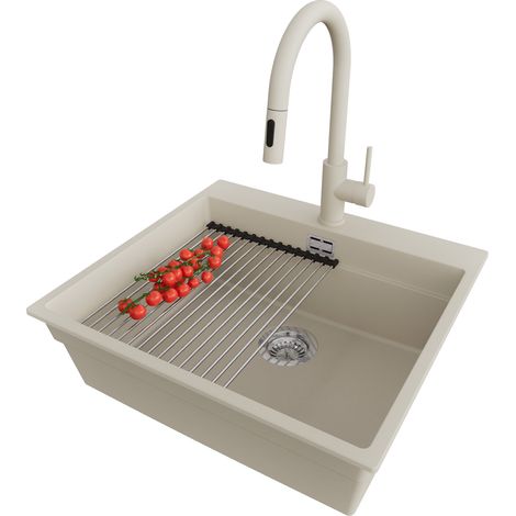 PRIMAGRAN Evier Cuisine en Granit 58x53cm, Lavabo 1 bac + Robinet 40x20cm + Kit de Vidage + Accessoire, Évier à Encastrer au meuble 60cm - Oslo Max, Beige (1/5)