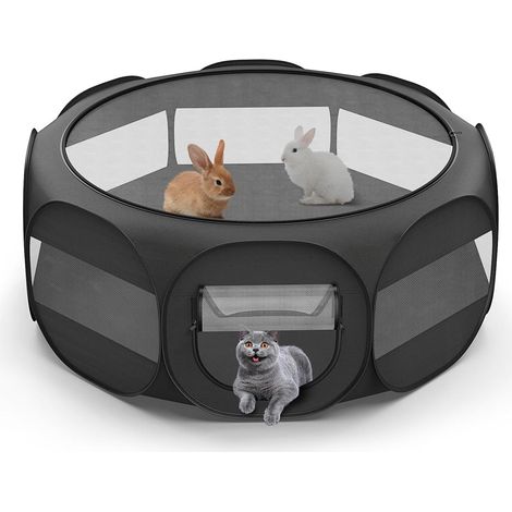 Parc pour Petits Animaux, Tente Respirante pour Chat avec Couverture Amovible à Fermeture Éclair et Base Imperméable, Parc Portable pour Chiots Chat Chaton Lapins, Intérieur/Extérieur, Noir (1/5)