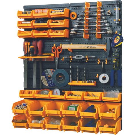 Panneau mural pour rangement d'outils – 4 panneaux en polypropylène 323 x 17 x 385 mm – 27 bacs de rangement – 38 crochets assortis – Intec