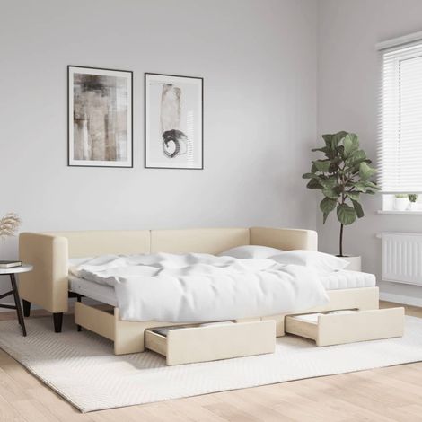 Tagesbett Ausziehbar mit Schubladen Creme 80x200 cm Stoff (1/5)