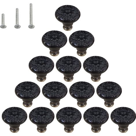 Juego de 15 tiradores de cerámica brillante estilo hongo para cómoda con 3 tornillos de montaje, color negro. (1/5)
