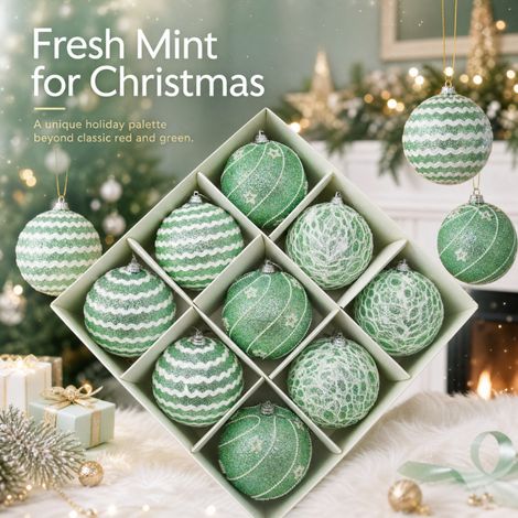 Lot de 9 boules de Noël 8 cm vert pâle, coffret décoratif pour sapin de Noël, décoration de fête (1/3)