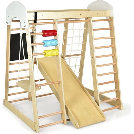 Structure d'escalade enfant naturelle en bois 8-en-1 avec toboggan réversible et plateforme pour maison, crèche et jardin (1/5)