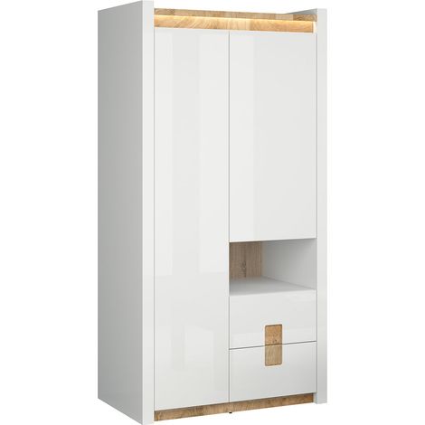 Armario 2 puertas 2 cajones 1 compartimiento con LED Helios Blanco lacado y Madera (1/4)