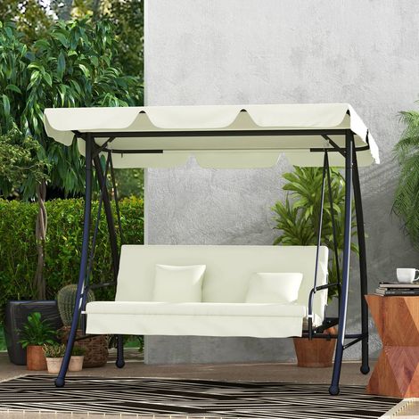 Balancelle 3 places convertible en lounge, avec auvent réglable et coussins confortables, charge max 240kg, crème (1/5)