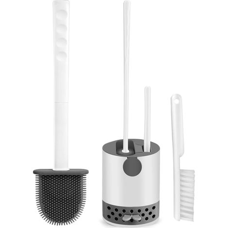 Brush Toilet - Silicone Head - Wall Mountable & Freestanding Holder - Quick Dry Drainage Design - White - 1 Unit (1/5)