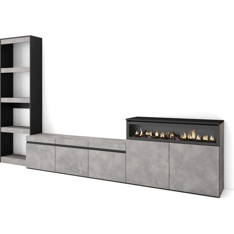 Skraut Home – Ensemble meuble TV moderne avec cheminée électrique – Dimensions 310x35x186cm – Pour TV jusqu'à 65" – Couleur gris ciment (1/5)