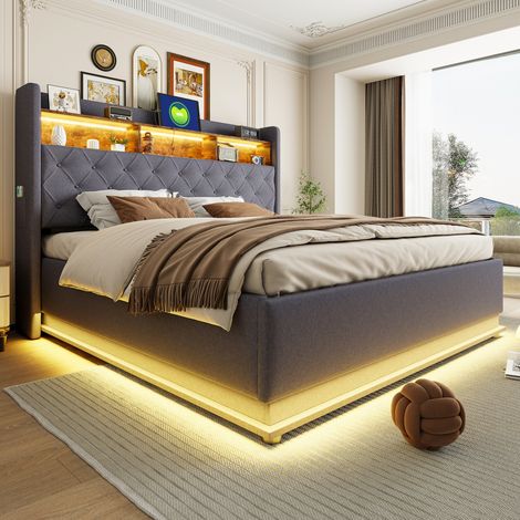 Bett 180 200 Stauraum LED USB Polsterbett Grau OKMYHOME (1/5)