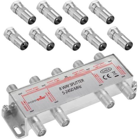 Répartiteur d'antenne TV - Poppstar - 8 sorties - 100dB - 5-2450 MHz - Adaptateur IEC inclus