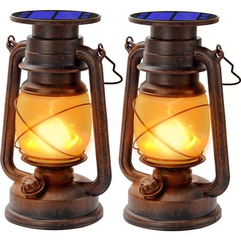 Outdoor Solar Lanterns LED Storm Lantern with Flame Effect Decorative LED Storm Lamp Retro Waterproof Design for Garden, Paths, Landscape (2 pack) [Energy Class A+++]