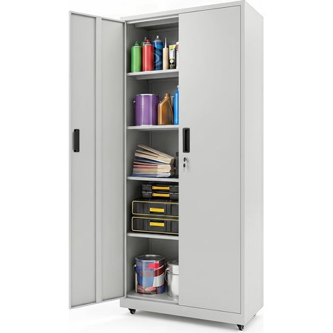 Meuble de Rangement Bureau, Armoire Polyvalente, avec Doubles Portes, 5 Niveaux, 4 Étagères Réglables, Armoire Métallique, 80 x 40 x 186 CM, Blanc (1/5)