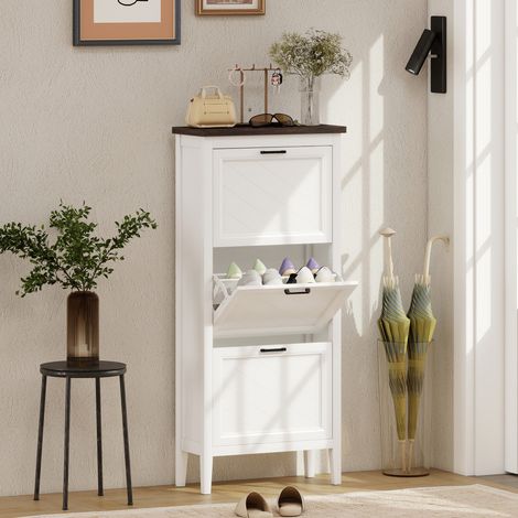 Meuble chaussures 18 Blanc paires armoire étroite avec 3 tiroirs rabattables étagères réglables (1/4)