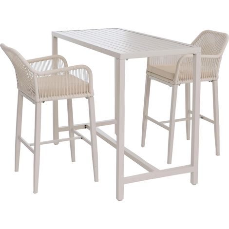 Ensemble table de bar + 2 tabourets de bar HHG-294, chaise de bar, table haute, coussin d'assise d'extérieur en métal tressé, crème (1/5)