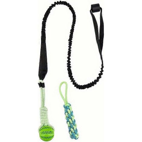 Juego interactivo de 2 piezas para la dentición del perro: pelota de goma para los molares y juguete de cuerda trenzada con correa elástica para jugar en interiores y exteriores. (1/5)