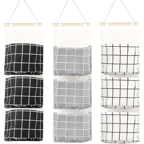 ALLIANDIS3 Pièces Sac De Rangement Mural, 58 x 20cm Sac à Suspendre Empilable à 3 Couches - Tissu De Lin Imperméable Organisateur De Poche Large Suspendu pour Chambre à Coucher Salle De Bain Cuisine (1/5)