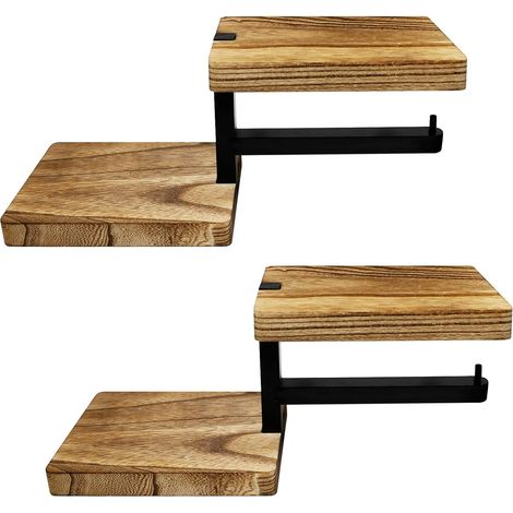 2-teiliges Wand-Toilettenpapierhalter-Set mit Ablage – Toilettenpapierhalter aus Holz und Rollenaufbewahrung – Wandmontierter Toilettenpapierständer mit Ablagen für Küche und Badezimmer (1/5)