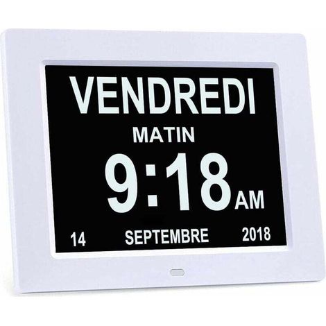 8-Zoll-LCD-Digitaluhr mit Kalender, Datum, Wochentag und Uhrzeit, Alzheimer-Uhr für Senioren, ideal für Eltern (Weiß) (1/4)