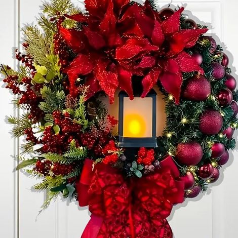 Couronne de Noël illuminée artificiellement ALOVEZ avec ruban à nœud, boules de Noël et baies rouges, couronne de baies rouges, grande couronne pour porte d'entrée (rouge)