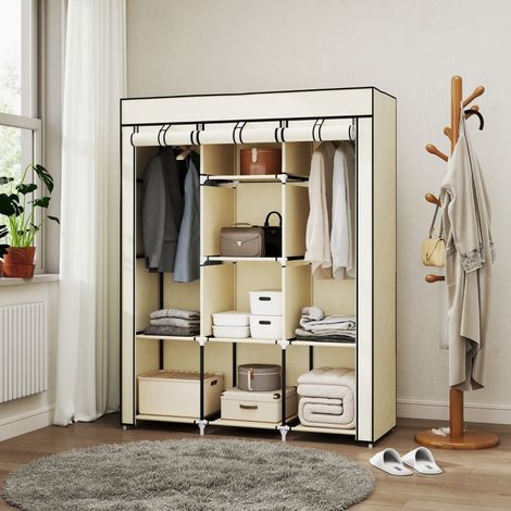 Stoffschrank mit Kleiderstangen und 8 Ebenen, faltbare Garderobe aus Vliesstoff, Cremeweiß, 125x43x162,5 cm