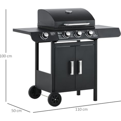 Barbecue à gaz sur chariot, 3 brûleurs + 1 brûleur latéral, détendeur et tuyaux inclus, multifonction, acier noir, 110x50x100 cm (1/5)