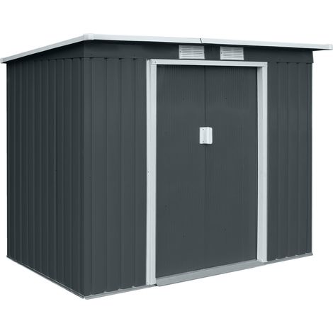 Hattoro – Abri à outils métallique P100 – Toit en appentis gris – 2 portes coulissantes – Grilles d'aération pour ventilation