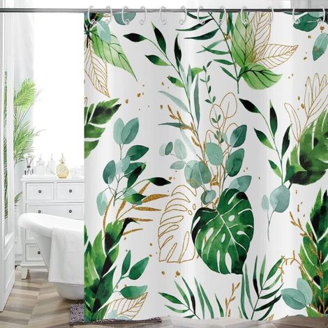 Tenda da doccia con foglie verdi, 180 x 200 cm, motivo astratto di eucalipto tropicale, stile boho acquerello, tessili per il bagno (1/4)
