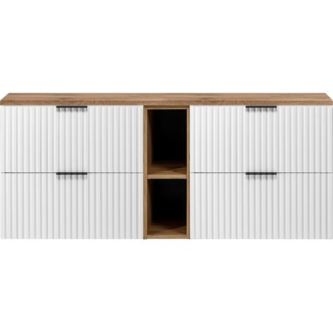 Furnidea - Meuble sous vasque FLOW BLANC 140 cm avec l'étagère - extension et plan chêne - 4 tiroirs - façades rainurées (1/5)