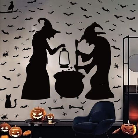 【Autocollants Muraux d&39Halloween】Achetez un autocollant mural de sorcière d&39Halloween et obtenez gratuitement 42 chauves-souris, 4 araignées, 2 os et 1 corbeau Sticker mural extra large pour couvr (1/4)
