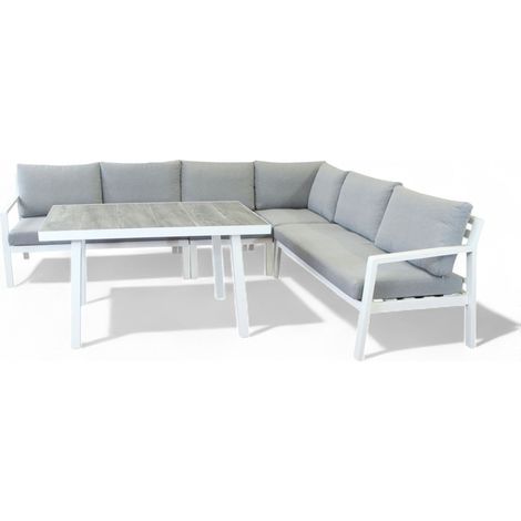 Salotto angolare da giardino in alluminio bianco con cuscini incluso divano poltrona tavolino set arredo esterno moderno (1/5)